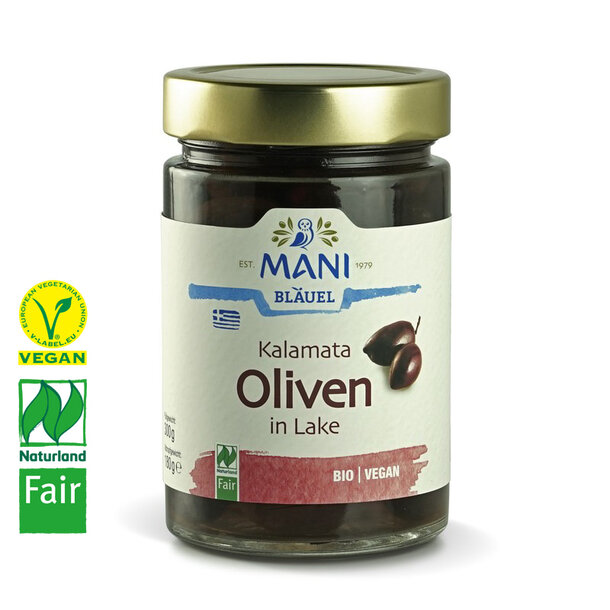 Kalamata olives in brine, organic, vegan, Naturland Fair