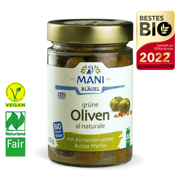 Grüne Oliven al Naturale mit Koriandersamen & rosa Pfeffer, Bio, Vegan, Naturland Fair
