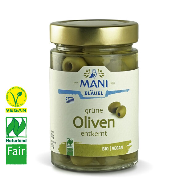 Green olives in brine, pitted, organic, vegan, Naturland Fair