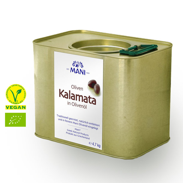 Kalamata Oliven in Mani-Olivenöl, Bio, Vegan, 4,7 kg