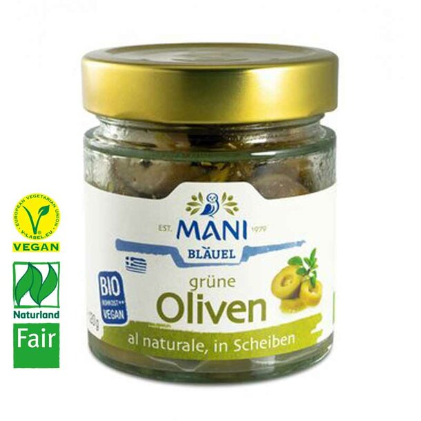 Mani green olives al naturale, sliced, organic, NL Fair