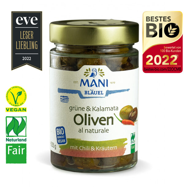 Grüne & Kalamata Oliven al naturale mit Chili und Kräutern, Bio, Vegan, Naturland-Fair